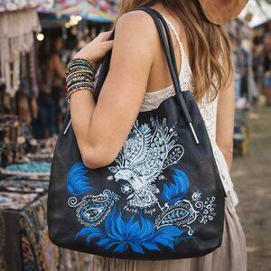 Hand Crafted Painted Black Pebble Leather Hobo Bag